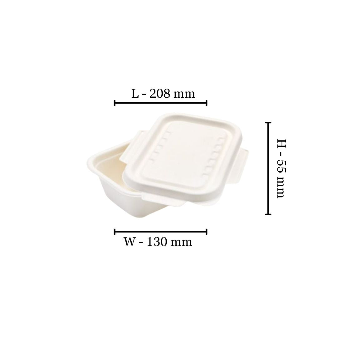 Bagasse 650ml Rectangle Container with wing lid 208x130x55 (Pack of 50)