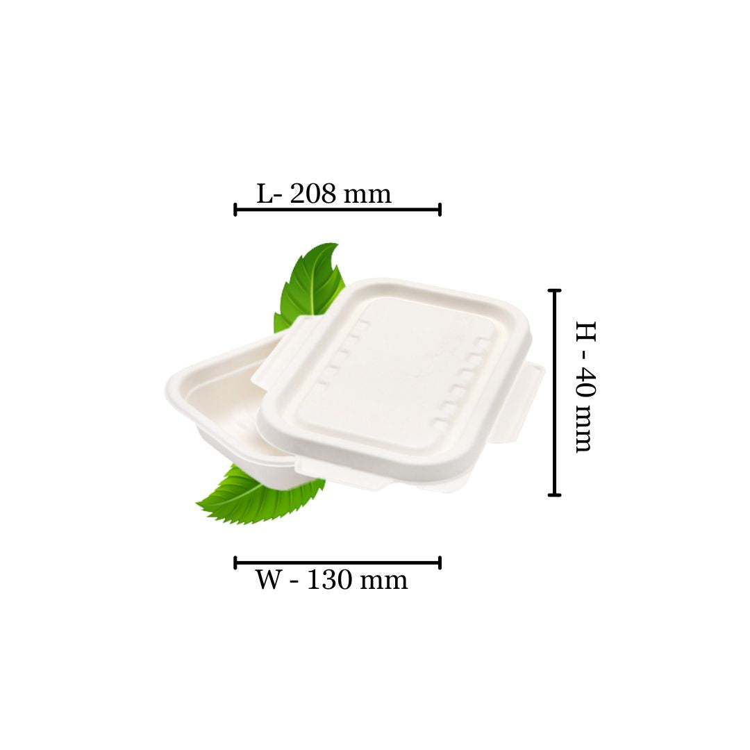 Bagasse 450ml Rectangle Container with wing lid - 208x130x40 (Pack of 50)