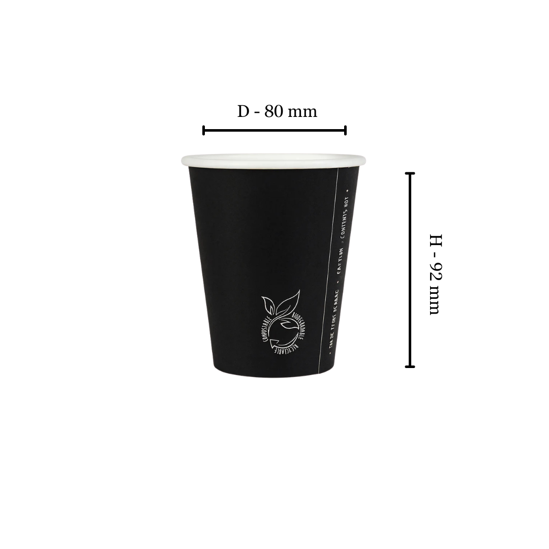 250ml Plain Black Single Wall Coffee Cup - PLA Lined (Pack of 50)
