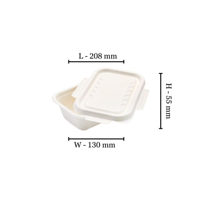 Bagasse 650ml Rectangle Container with wing lid  208x130x55 (Pack of 50)