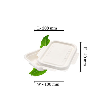 Bagasse 450ml Rectangle Container with wing lid - 208x130x40 (Pack of 50)
