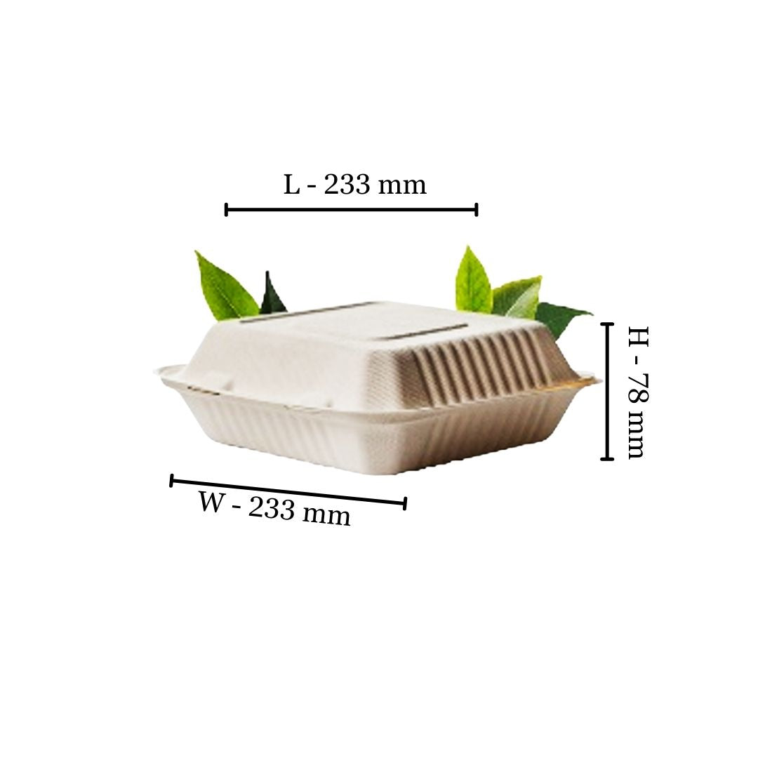 Bagasse 1200ml Single Division Clamshell Square Container (Pack of 50)