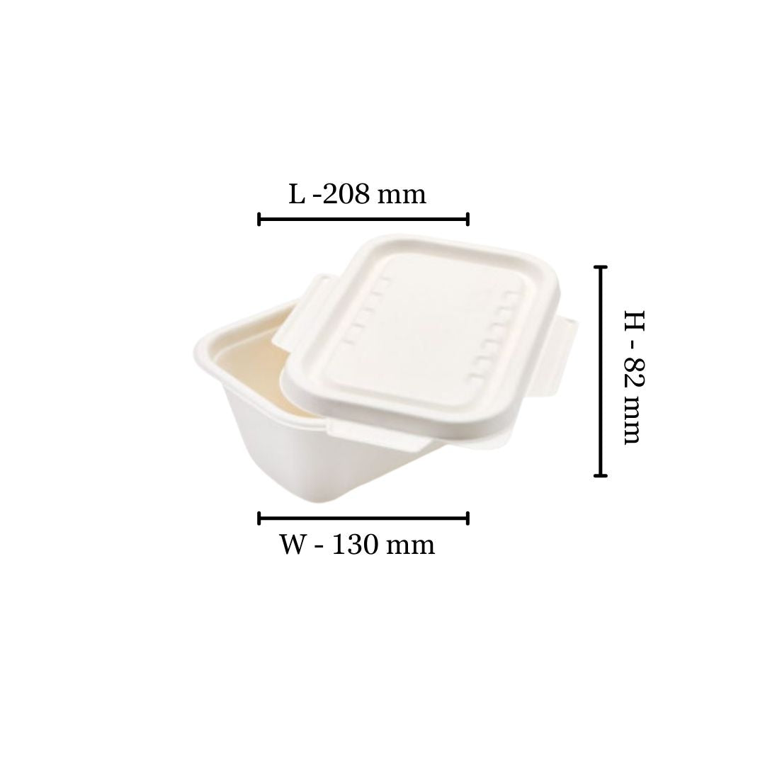 Bagasse 1000ml Rectangle Container with wing lid - 208x130x82 (Pack of 25)