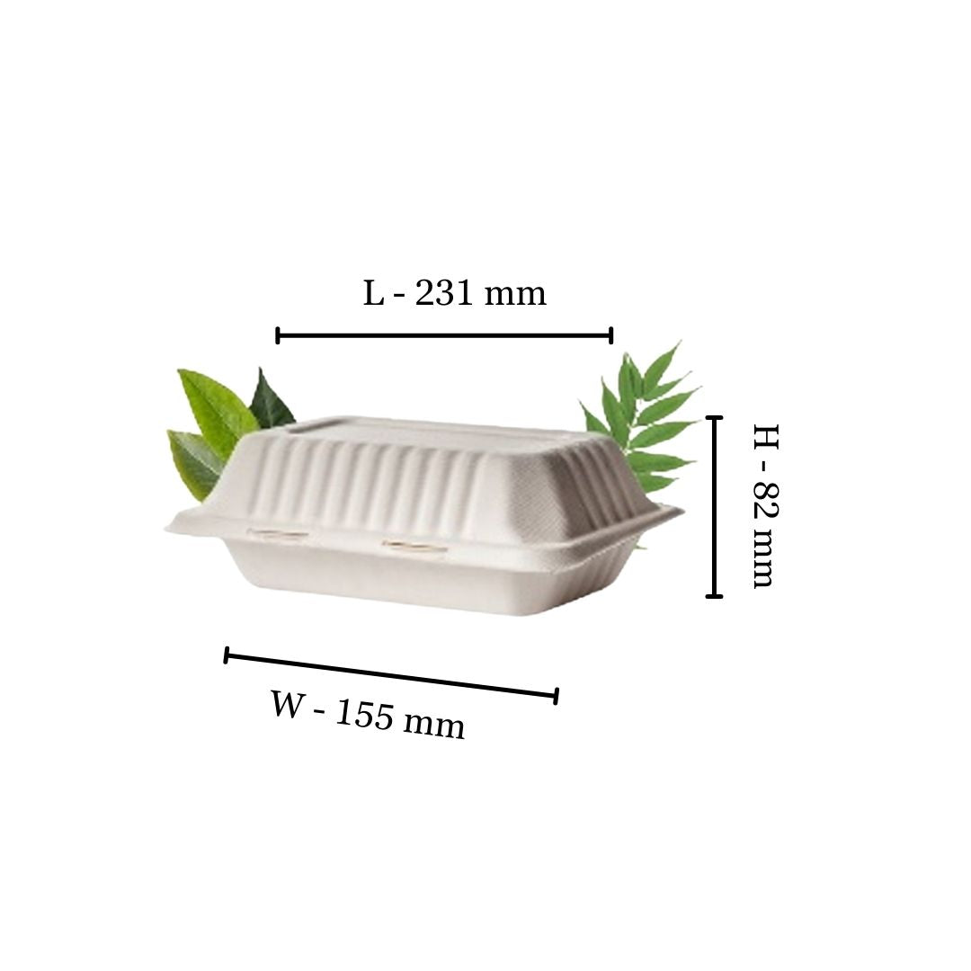 Bagasse 1000ml Single Division Clamshell Rectangle Container (Pack of 50)