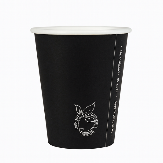 250ml Plain Black Single Wall Coffee Cup   - PLA Lined (Pack of 50)