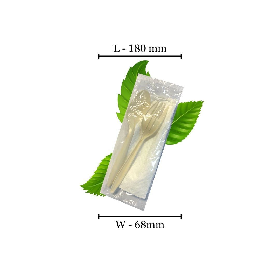 Three-in-one Cornstarch Cutlery Pack (Spoon, Fork & Serviette) (Box of 500)