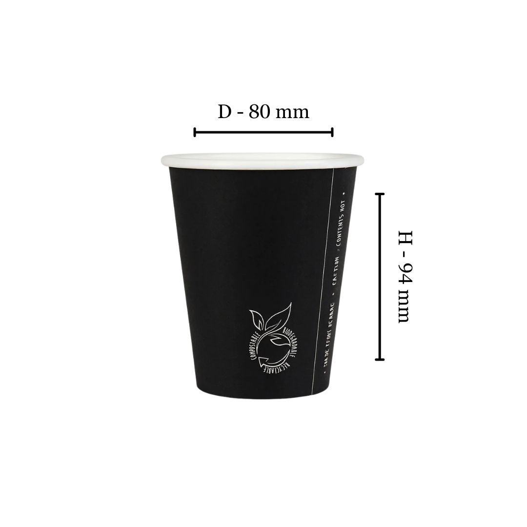 250ml Plain Black Single Wall Coffee Cup   - PLA Lined (Pack of 50)