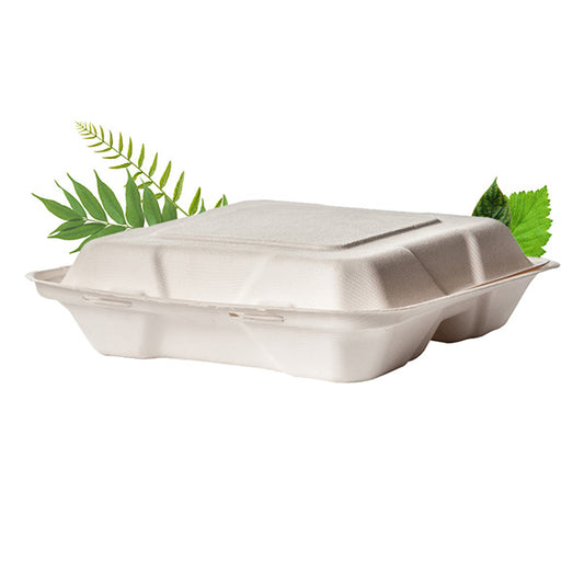 Bagasse 1200ml Three Division Clamshell Square Container (Pack of 50)