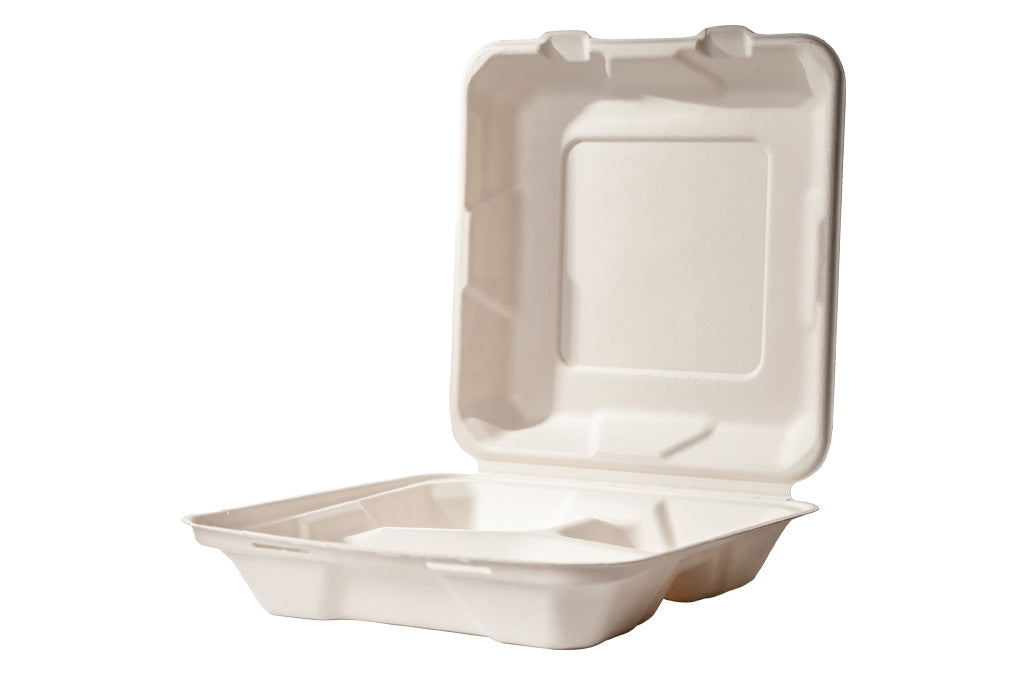 Biodegradable Three Division 9inch / 1200ml Clamshell - Bagasse (50 Per Pack)